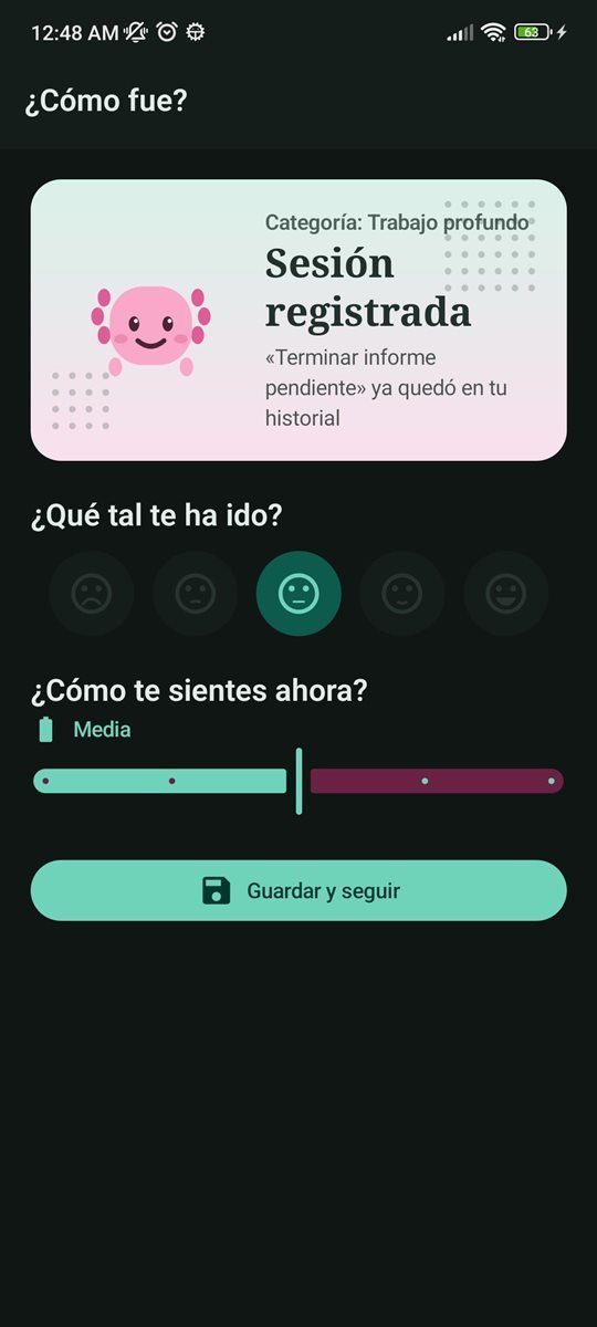 Pantalla de feedback al terminar la sesión: ¿Cómo fue?