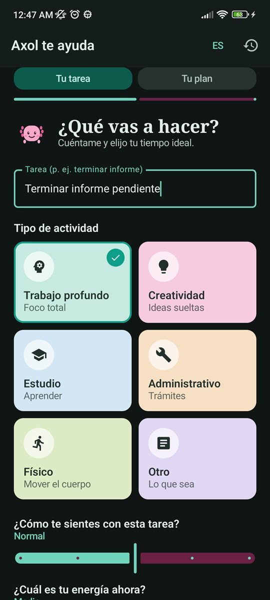 Pantalla de configuración: qué vas a hacer y tipo de actividad