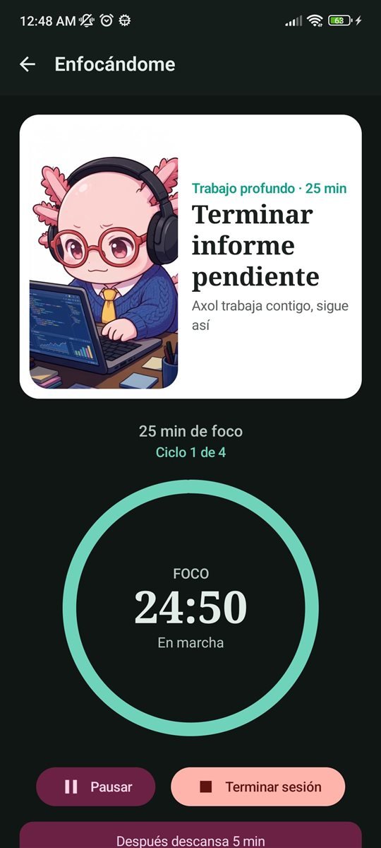 Temporizador de Axolo en fase de foco